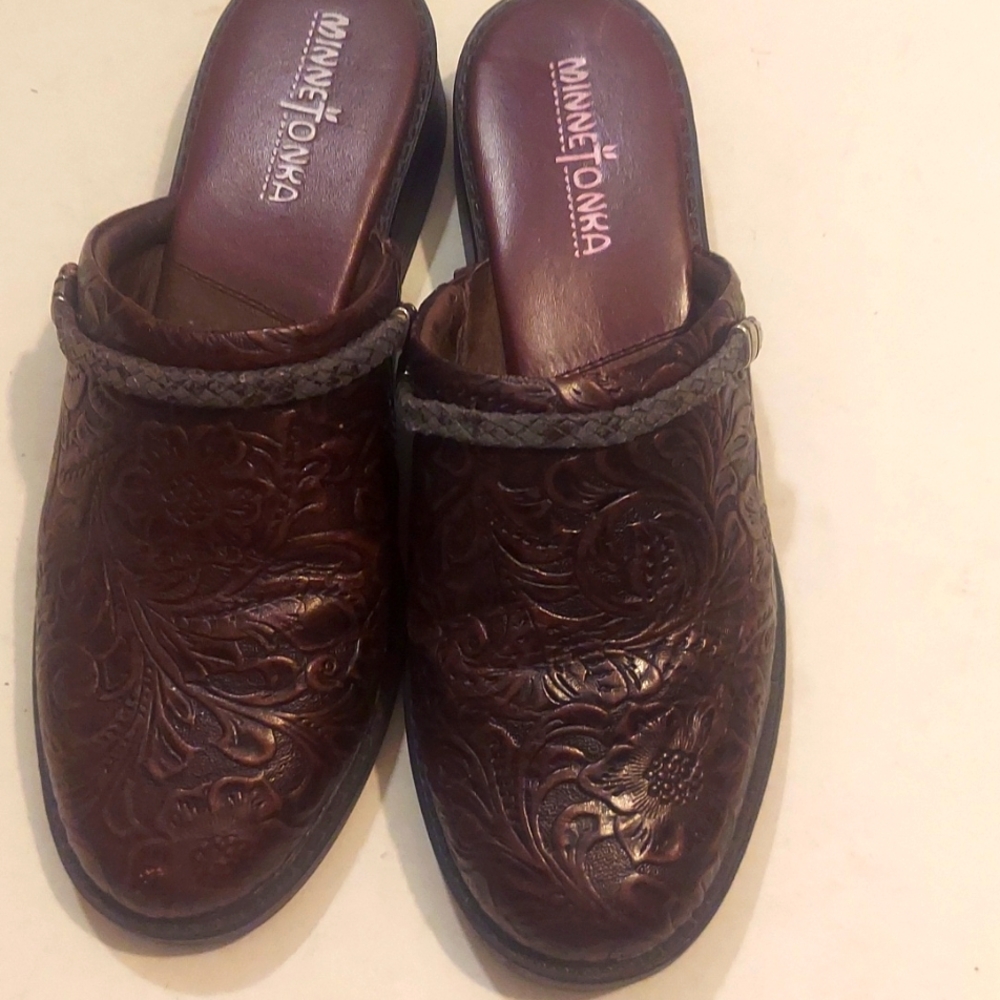 Minnetonka tooled leather mules